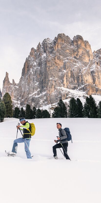Escursionisti con le racchette da neve ai piedi del Catinaccio nella neve fresca | © Carezza Dolomites/StorytellerLabs