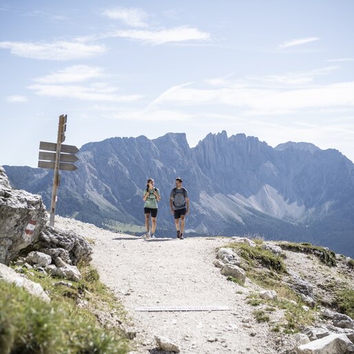 Hiking on the Hirzelsteig path with view on the Latemar mountain | © Alex Filz