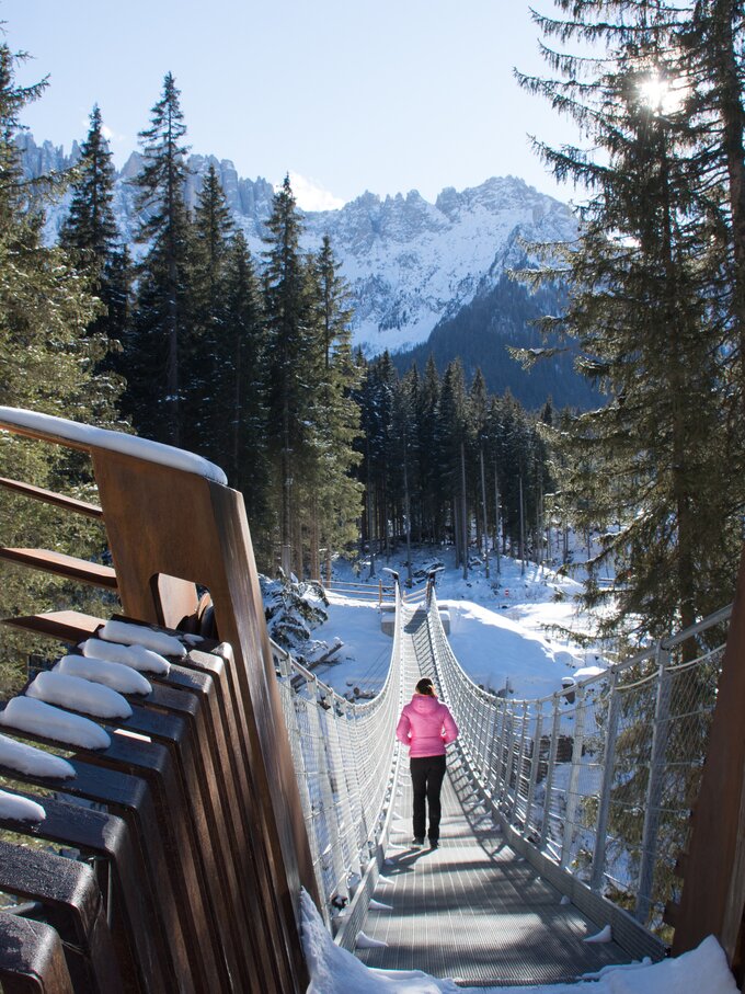 Escursione invernale sul ponte sospeso presso il Lago di Carezza | © Alexandra Näckler
