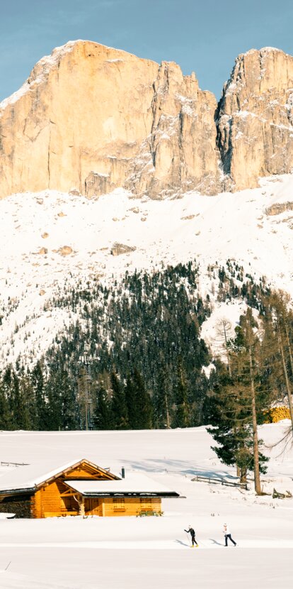 Sciatori di fondo ai piedi del Catinaccio | © Carezza Dolomites/StorytellerLabs