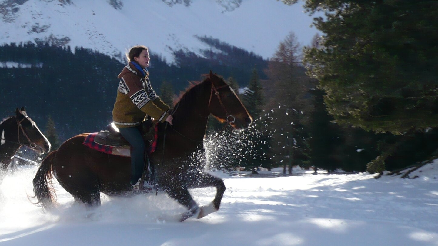 Ausritt im Schnee mit Blick auf Latemar | © Angerle Alm