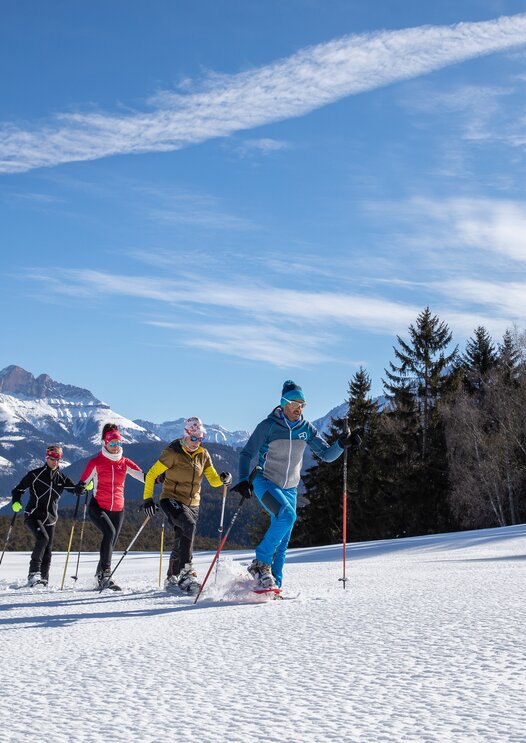 Gruppo di escursionisti con le ciaspole sulla neve fresca vista sul Catinaccio | © Eggental Tourismus/Günther Pichler